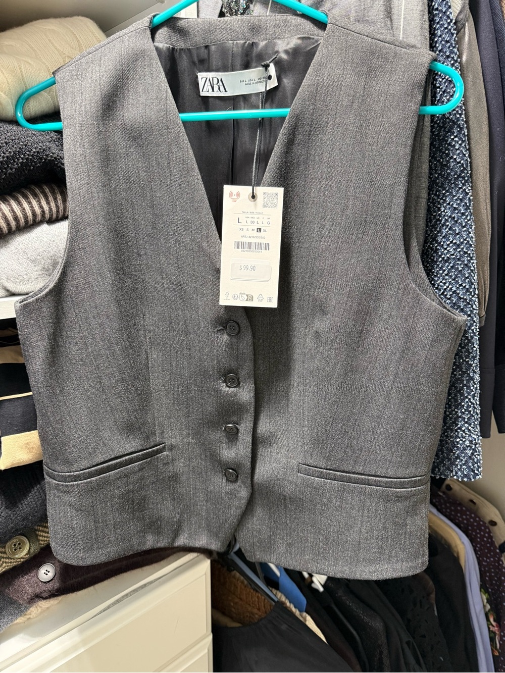 ZARA Women's Gray Button Front Vest w/ same color pinstripes SZ L NWT